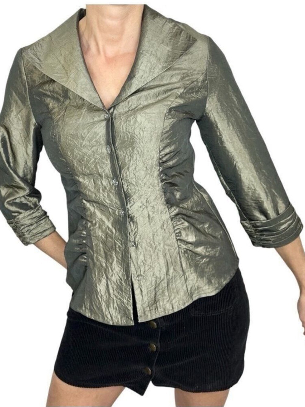 VTG 90s PULI green taffeta shawl collar 3/4 ruched statement top blouse 4